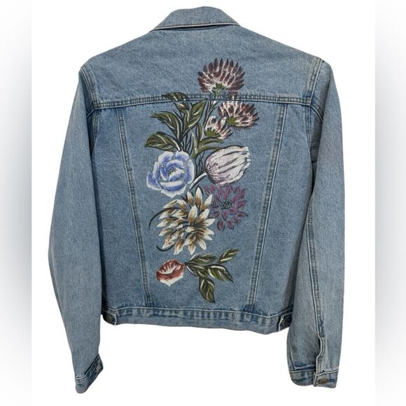 High End Glamorous Floral Painted Women’s M Jean Jacket MINTY - Picture 1 of 5
